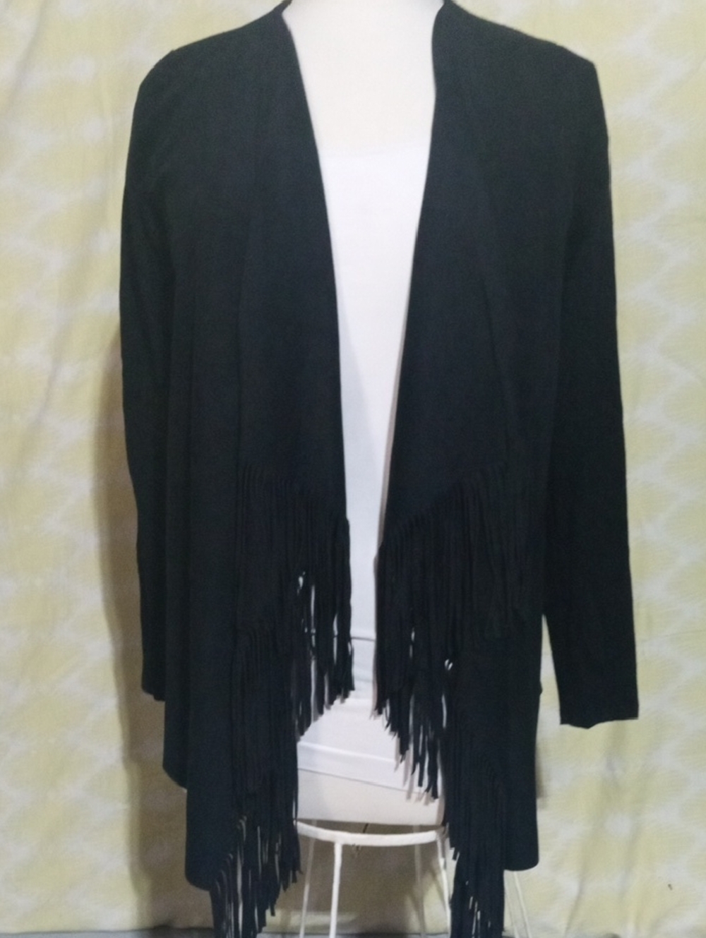 INC International Concepts Black Fringe Open-Front Cardigan